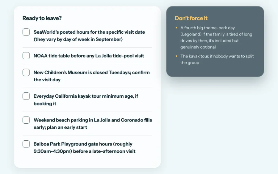 A checklist inside a guide: posted hours for a specific date, a tide table, a Tuesday closure and where weekend parking fills early.