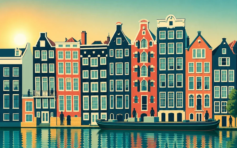 An illustration of a row of tall gabled canal houses along the water in Amsterdam, with a low barge moored in front of them.